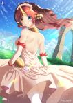  backless_dress backless_outfit blue_eyes blue_sky blush bridal_veil brown_hair chinchongcha day detached_sleeves dress fate/apocrypha fate_(series) frankenstein's_monster_(fate) from_behind heterochromia highres horn looking_at_viewer looking_back outdoors short_hair signature sky smile solo standing thighhighs veil wedding_dress white_dress white_legwear yellow_eyes 