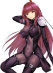  arm_behind_back blush bodysuit breasts closed_mouth covered_navel covered_nipples fate/grand_order fate_(series) highres impossible_clothes large_breasts long_hair looking_at_viewer pauldrons polearm_behind_back purple_bodysuit purple_hair red_eyes scathach_(fate)_(all) scathach_(fate/grand_order) simple_background sitting skin_tight smile solo tomohiro_kai very_long_hair white_background 