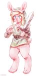  2019 alternate_species anthro blonde_hair blue_eyes blush bottomless clothed clothing hair lagomorph link_(rabbit_form) male mammal melee_weapon miri naturally_censored nintendo open_mouth rabbit simple_background solo standing sword the_legend_of_zelda tunic video_games weapon white_background 