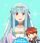  1girl bare_shoulders blue_eyes blue_hair cape dress eliwood_(fire_emblem) fire_emblem fire_emblem:_rekka_no_ken fire_emblem_heroes hair_ornament long_hair looking_at_viewer mamkute ninian red_eyes red_hair roirence smile 