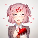  bangs blurry blurry_foreground blush commentary depth_of_field doki_doki_literature_club english_commentary eyebrows_visible_through_hair feeding food fork fruit hair_ornament hair_ribbon hairclip heart highres looking_at_viewer natsuki_(doki_doki_literature_club) open_mouth pink_eyes pink_hair pov pov_feeding red_ribbon ribbon sasoura school_uniform short_hair simple_background solo strawberry swept_bangs two_side_up upper_body white_background 