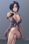  aiming_at_viewer babydoll bare_shoulders black_panties blue_background blue_hair breasts breasts_apart collarbone commentary_request crossed_legs eyebrows_visible_through_hair fate/grand_order fate_(series) gun highres lips looking_at_viewer medium_breasts panties parted_lips purple_eyes ranma_(kamenrideroz) riyo_servant_(babydoll) see-through shiny shiny_skin short_hair simple_background sitting solo strap_slip underwear weapon 