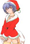  1girl ayanami_rei belt blue_hair cameltoe cowboy_shot cross cross_necklace earrings female fur_trim garter_straps highres holding jewelry lipstick looking_at_viewer necklace neon_genesis_evangelion no_pants ozaki_mirai panties red_eyes sack santa_costume santa_hat scan short_hair simple_background skindentation solo thighhighs white_background yellow_legwear 