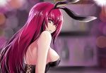  animal_ears bangs black_hairband breasts bunny_ears bunnysuit covered_nipples eyebrows_visible_through_hair fake_animal_ears fate/grand_order fate_(series) fengya from_behind hair_between_eyes hairband large_breasts lens_flare long_hair looking_at_viewer parted_lips red_eyes red_hair scathach_(fate)_(all) scathach_(fate/grand_order) sideboob solo strapless upper_body very_long_hair 