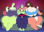  2018 anthro areola arm_around_shoulders big_breasts bliss_(sssonic2) breasts brown_hair choker cleavage clothed clothing collar crossed_arms digital_media_(artwork) dragon female food frown green_scales group hair huge_breasts jeans joy_(sssonic2) lizard miss_l navel obese overweight overweight_female pants pink_scales popcorn pubes purple_eyes red_eyes reptile scales scalie shirt shorts simple_background sitting sofa tank_top thick_thighs vdisco voluptuous wide_hips yellow_eyes 