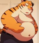  2018 96k-k barazoku belly_rub blush cold_sweat feline inside kemono locker locker_room male mammal obese overweight solo standing tiger 