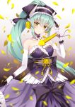  absurdres bangs black_bow bow bracelet choker collarbone elbow_gloves eyebrows_visible_through_hair fan fate/grand_order fate_(series) floating_hair ghostkun gloves gradient gradient_background green_eyes green_hair hair_between_eyes hair_bow headdress high_ponytail highres holding holding_fan jewelry kiyohime_(fate/grand_order) long_hair looking_at_viewer obi sash skirt_hold smile solo standing striped very_long_hair white_gloves 