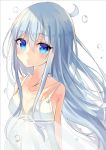  bag blue_eyes breasts collarbone eyebrows_visible_through_hair floating_hair hair_between_eyes hibiki_(kantai_collection) kantai_collection long_hair silver_hair simple_background sleeveless small_breasts solo timins upper_body verniy_(kantai_collection) very_long_hair white_background 