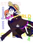  1boy 1girl black_eyes black_hair couple hat monkey_d_luffy nami_(one_piece) one_piece orange_hair pirate short_hair smile straw_hat_pirates tattoo 