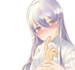  blush commentary_request doki_doki_literature_club eyebrows_visible_through_hair finger_sucking hair_between_eyes hair_ornament hairclip head_tilt holding_hand long_hair looking_at_viewer out_of_frame pov purple_eyes purple_hair ribbed_sweater rowtori simple_background solo_focus sweater white_background white_sweater yuri_(doki_doki_literature_club) 