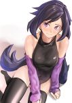  ayame_(gundam_build_divers) bare_shoulders black_hair black_legwear black_leotard blush breasts closed_mouth commentary_request covered_navel elbow_gloves gloves gundam gundam_build_divers highres kilye_4421 leotard long_hair looking_at_viewer low_ponytail mask mask_removed medium_breasts ninja ponytail purple_eyes shiny shiny_hair shiny_skin simple_background sitting solo thighhighs white_background 