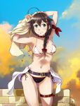  ahoge arms_up ass_visible_through_thighs belt bikini black_bikini_bottom black_choker black_hair blue_eyes braid choker covered_nipples gradient_sky hair_flaps hair_over_shoulder jacket kantai_collection looking_at_viewer mismatched_bikini navel remodel_(kantai_collection) sameha_ikuya school_uniform serafuku shigure_(kantai_collection) side-tie_bikini single_braid sky smile solo standing swimsuit white_bikini_top white_jacket 