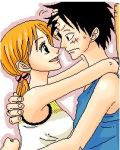  1boy 1girl black_eyes black_hair couple hat monkey_d_luffy nami_(one_piece) one_piece orange_hair pirate short_hair smile straw_hat_pirates tattoo 