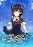  1girl ahoge black_hair blue_eyes blue_sky bow braid cannon cloud collarbone commentary_request day flower gloves hair_bow hair_over_shoulder kantai_collection kiuzu_(ko_kiu2) long_hair looking_at_viewer machinery neckerchief ocean open_mouth petals pleated_skirt red_neckerchief rigging school_uniform serafuku shigure_(kancolle) shigure_kai_ni_(kancolle) shirt short_sleeves signature single_braid single_glove skirt skirt_hold sky smile solo standing teeth wading water 