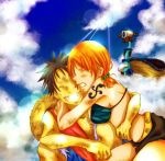  1boy 1girl black_eyes black_hair couple hat monkey_d_luffy nami_(one_piece) one_piece orange_hair pirate short_hair smile straw_hat_pirates tattoo 