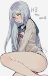  aki663 bare_legs barefoot blush bottomless breasts eyebrows_visible_through_hair grey_background hair_between_eyes kantai_collection long_hair looking_at_viewer medium_breasts open_mouth sailor_collar sailor_shirt shinkaisei-kan shirt silver_hair simple_background sitting solo ta-class_battleship yellow_eyes 