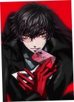  amamiya_ren black_hair gloves hair_between_eyes holding holding_mask hyakutaroh looking_at_viewer male_focus mask parted_lips persona persona_5 red_background red_gloves smile yellow_eyes 