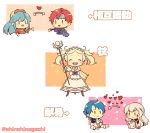  blonde_hair blue_eyes blue_hair blush cape chibi circlet couple diadora_(fire_emblem) dress fire_emblem fire_emblem:_fuuin_no_tsurugi fire_emblem:_kakusei fire_emblem:_seisen_no_keifu fire_emblem_heroes gloves hair_ornament heart hetero highres jewelry lavender_hair lilina liz_(fire_emblem) long_hair multiple_girls nishimura_(nianiamu) open_mouth purple_eyes purple_hair red_hair roy_(fire_emblem) short_hair short_twintails sigurd_(fire_emblem) simple_background smile staff twintails 