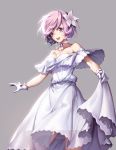  :d absurdres breasts chirlley choker cleavage collarbone cowboy_shot dress fate/grand_order fate_(series) flower gloves grey_background hair_flower hair_ornament highres looking_at_viewer mash_kyrielight medium_breasts open_mouth pink_eyes pink_hair ribbon ribbon_choker short_hair simple_background skirt_hold smile solo white_dress white_flower white_gloves white_ribbon 