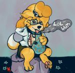  2017 animal_crossing bong breasts canine clothed clothing collar digital_media_(artwork) dog drugs eyewear female glasses humor isabelle_(animal_crossing) mammal marijuana newd nintendo nipples open_shirt paws simple_background skirt solo tongue video_games 