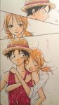  1boy 1girl black_eyes black_hair blush couple hat monkey_d_luffy nami_(one_piece) one_piece orange_hair pirate short_hair smile straw_hat_pirates tattoo 