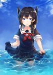  1girl ahoge black_hair blue_eyes blue_sky bow braid cannon cloud collarbone commentary_request day gloves hair_bow hair_over_shoulder kantai_collection kiuzu_(ko_kiu2) long_hair looking_at_viewer machinery neckerchief ocean open_mouth pleated_skirt red_neckerchief rigging school_uniform serafuku shigure_(kancolle) shigure_kai_ni_(kancolle) shirt short_sleeves signature single_braid single_glove skirt skirt_hold sky smile solo standing teeth wading water 