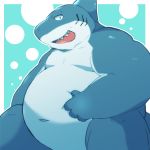  2018 96k-k abstract_background barazoku belly_rub blush fish kemono marine obese overweight pinch shark solo 