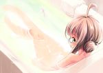  ahoge bare_shoulders bathing glasses green-framed_eyewear hair_bun kantai_collection kurona long_hair looking_back makigumo_(kantai_collection) nude open_mouth partially_submerged pink_hair solo towel yellow_eyes 