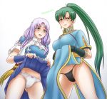  amezuku angry blush breasts dress earrings fingerless_gloves fire_emblem fire_emblem:_rekka_no_ken fire_emblem_heroes florina gloves green_eyes green_hair high_ponytail jewelry lifted_by_self long_hair looking_at_viewer lyndis_(fire_emblem) multiple_girls panties pelvic_curtain ponytail purple_hair skirt skirt_lift underwear 