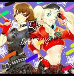  alternate_costume blonde_hair blue_eyes braid breasts brown_hair gloves hair_ornament houhou_(pixiv4771938) long_hair looking_at_viewer multiple_girls niijima_makoto persona persona_5 persona_5:_dancing_star_night persona_dancing red_eyes short_hair smile takamaki_anne twintails 