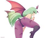  animal_print ass bare_shoulders bat_print bat_wings bent_over boots bridal_gauntlets commentary_request eyebrows_visible_through_hair finger_to_mouth from_behind green_eyes green_hair head_wings high_heel_boots high_heels hime_cut knee_boots kuroonehalf long_hair morrigan_aensland pantyhose print_legwear purple_legwear simple_background solo vampire_(game) very_long_hair white_background wings 