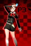  arm_up armband aura_(ion) black_skirt bow bowtie brown_hair card checkered checkered_background copyright_name evoker female_protagonist_(persona_3) gekkoukan_high_school_uniform hair_ornament hairpin holding holding_card holster kneehighs looking_at_viewer miniskirt parted_lips persona persona_3 persona_3_portable ponytail red_background red_bow red_eyes red_neckwear school_uniform short_hair skirt smile socks solo standing thighs tied_hair white_legwear 