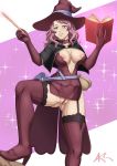  1girl ass bag black_clover book breasts cleavage curvy grimoire hips holding large_breasts magic_wand nipples pink_hair purple_eyes pussy thick_thighs thighs vanessa_enoteca witch_costume witch_hat 