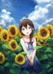  1girl ahoge blue_eyes braid brown_hair casual cloud cloudy_sky collarbone commentary_request day dress flower hair_between_eyes hair_ribbon kantai_collection kiuzu_(ko_kiu2) looking_at_viewer medium_hair open_mouth outdoors red_ribbon ribbon shigure_(kancolle) signature sky solo sunflower white_dress 