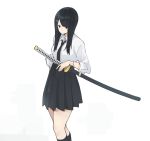  akagawa007 black_eyes black_hair hair_ornament hairclip highres katana necktie original pleated_skirt saya_(scabbard) school_uniform sheath sheathed skirt solo sword weapon white_background 