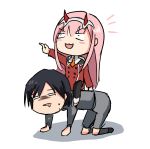  1boy 1girl all-fours black_hair black_legwear boots brown_footwear couple darling_in_the_franxx eyebrows_visible_through_hair fringe hair_ornament hairband hetero hiro_(darling_in_the_franxx) horns lay-z-arts long_hair long_sleeves military military_uniform necktie oni_horns orange_neckwear pantyhose pink_hair red_horns red_neckwear shoes short_hair sitting_on_person socks sweat uniform white_footwear white_hairband zero_two_(darling_in_the_franxx) 