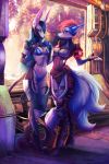  2018 anthro blue_fur blue_hair bra canine clothed clothing demon detailed_background digital_media_(artwork) digitigrade duo female fox fur hair hybrid jackal mammal midriff navel red_hair sorafoxyteils underwear 