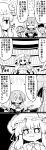  4girls 4koma absurdres alice_margatroid bangs blunt_bangs bookshelf bow braid breasts comic commentary crescent crescent_hair_ornament crossed_arms eyebrows_visible_through_hair futa_(nabezoko) greyscale hair_bow hair_ornament hat hat_bow highres hijiri_byakuren kirisame_marisa long_sleeves mob_cap monochrome multiple_girls o_o patchouli_knowledge pout scroll shawl sidelocks sweatdrop tearing_up touhou translated wide_sleeves witch_hat 