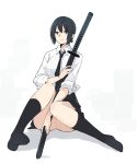  akagawa007 black_eyes black_hair black_legwear highres holding holding_sword holding_weapon katana necktie no_shoes original saya_(scabbard) school_uniform sheath sheathed sitting sleeves_rolled_up solo sword weapon white_background 