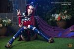  1girl cape cosplay looking_at_viewer no_panties photo piercing pussy pussy_piercing shaved_pussy solo tagme upskirt v xayah 