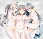 3girls :d ahoge asashimo_(kantai_collection) bare_legs blush body_blush bow bow_panties brown_hair collarbone comah commentary convenient_arm crotch_seam embarrassed fang flat_chest girl_sandwich green_eyes green_panties grey_eyes grey_hair hair_between_eyes hair_down hair_over_one_eye hair_ribbon kantai_collection kasumi_(kantai_collection) kiyoshimo_(kantai_collection) long_hair looking_at_viewer lying multiple_girls navel nipples open_mouth panties ribbon sandwiched sharp_teeth silver_hair skindentation smile teeth tied_hair topless twintails underwear underwear_only white_panties yellow_ribbon 