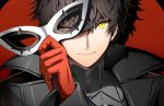  ;) amamiya_ren bad_id bad_pixiv_id black_hair carchet gloves holding holding_mask male_focus mask one_eye_closed persona persona_5 red_gloves smile solo yellow_eyes 