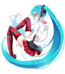  2016 absurdly_long_hair between_legs blue_hair blush dated floating_hair frilled_skirt frills from_side glasses hair_ornament hand_between_legs hatsune_miku headphones hood hooded_jacket jacket long_hair miniskirt natural_(module) project_diva_(series) red-framed_eyewear red_skirt simple_background skirt smile solo striped striped_legwear thighhighs timins twintails very_long_hair vocaloid white_background white_jacket 