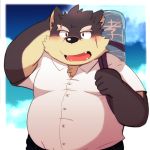  2017 96k-k barazoku blush canine dog hand_behind_head kemono male mammal moritaka obese outside overweight scar solo standing tokyo_afterschool_summoners 