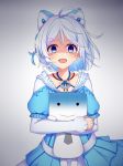  animal_ears antenna_hair bangs blue_dress blue_eyes blurry blurry_background blush cat_ears closed_mouth dennou_shoujo_youtuber_shiro depth_of_field dress etan14 eyebrows_visible_through_hair fake_animal_ears hair_between_eyes hair_ornament highres long_sleeves looking_at_viewer object_hug petals puffy_short_sleeves puffy_sleeves shaded_face shiro_(dennou_shoujo_youtuber_shiro) short_over_long_sleeves short_sleeves silver_hair simple_background solid_circle_eyes solo turn_pale virtual_youtuber white_background 