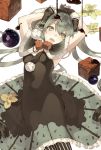  arms_up bad_id bad_pixiv_id black_dress chocolate chocolate_syrup cowboy_shot cube dress food_themed_clothes gloves green_eyes green_hair hair_between_eyes hatsune_miku long_hair looking_at_viewer open_mouth pantyhose pig_ggul solo striped striped_legwear vertical-striped_legwear vertical_stripes vocaloid white_background 