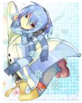  blue_background blue_eyes blue_hair blue_scarf commentary_request looking_at_viewer male_focus multicolored_coat polka_dot polka_dot_background puyopuyo red_eyes red_footwear rento_(rukeai) scarf shoes sig_(puyopuyo) snowflakes solo 