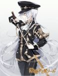  belt black_hat copyright_request gloves hat highres holding holding_sword holding_weapon katana long_hair looking_to_the_side military military_uniform official_art pale_skin profile red_eyes sama sheath standing sword tassel uniform unsheathing very_long_hair weapon white_gloves white_hair 