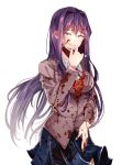  artist_name blood blood_on_face blood_splatter bloody_clothes blue_skirt constricted_pupils crazy_eyes crazy_smile doki_doki_literature_club eyebrows_visible_through_hair grin hair_between_eyes hair_ornament hairclip hazu_t highres long_hair looking_at_viewer pen pleated_skirt purple_eyes purple_hair school_uniform simple_background skirt smile solo very_long_hair white_background yandere yuri_(doki_doki_literature_club) 