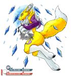  2018 ambiguous_gender anime anthro butt canine claws diamond_(disambiguation) digimon female fluffy fur looking_at_viewer magic mammal pinup pose purple_fur renamon simple_background smile solo standing temrin traditional_media_(artwork) watercolor_(artwork) white_fur yellow_fur 